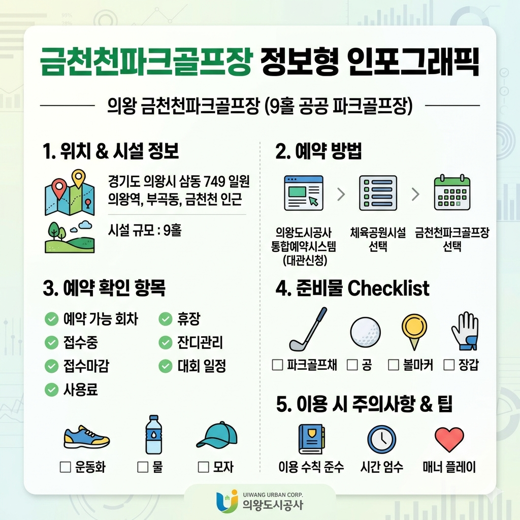 금천천파크골프장 예약방법 의왕 9홀 위치&middot;예약&middot;요금&middot;운영시간 인포그래픽