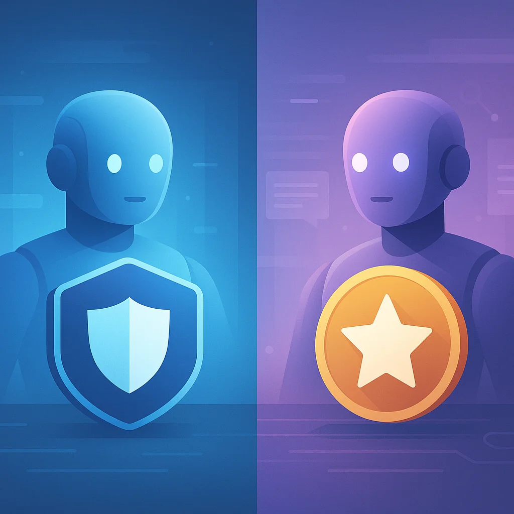 Claude와 Gemini를 비교하는 미래형 AI 로봇 일러스트레이션