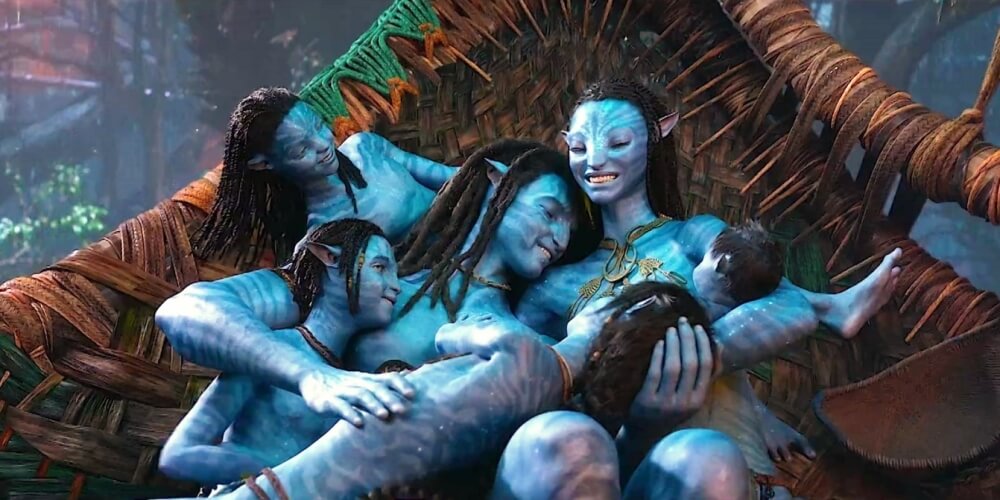 제이크 설리와 네이티리 가족들이 함께 누워있는 이미지