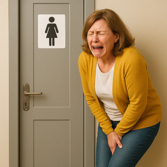 중년의-여성이-소변이-급한-모습으로-여성-화장실-앞에서-순서를-기다리고-있음
