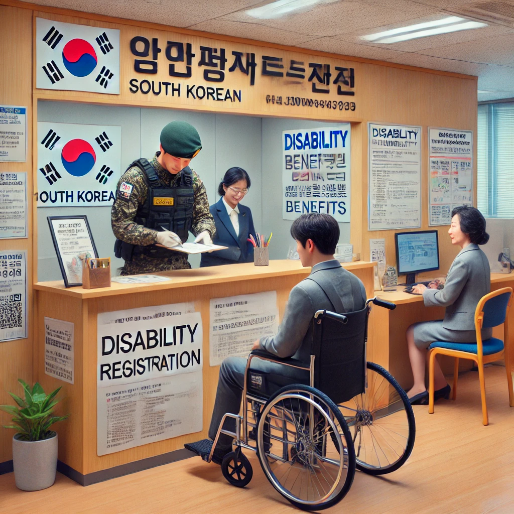 주민센터에서 장애인 등록 서류를 제출하는 장애인의 모습. 