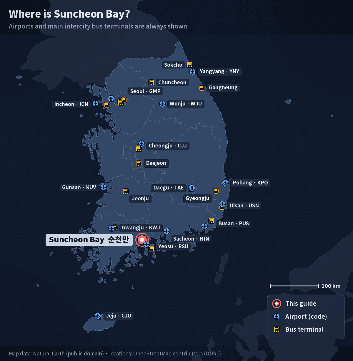 Map of South Korea with Suncheon Bay marked, showing Korea's airports and main intercity bus terminals