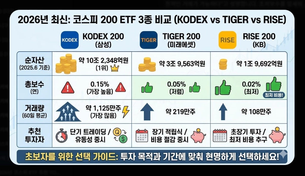 코스피200 ETF 선택 기준 [초보자 필독] KODEX&middot;TIGER&middot;RISE 비교 및 유형별 추천