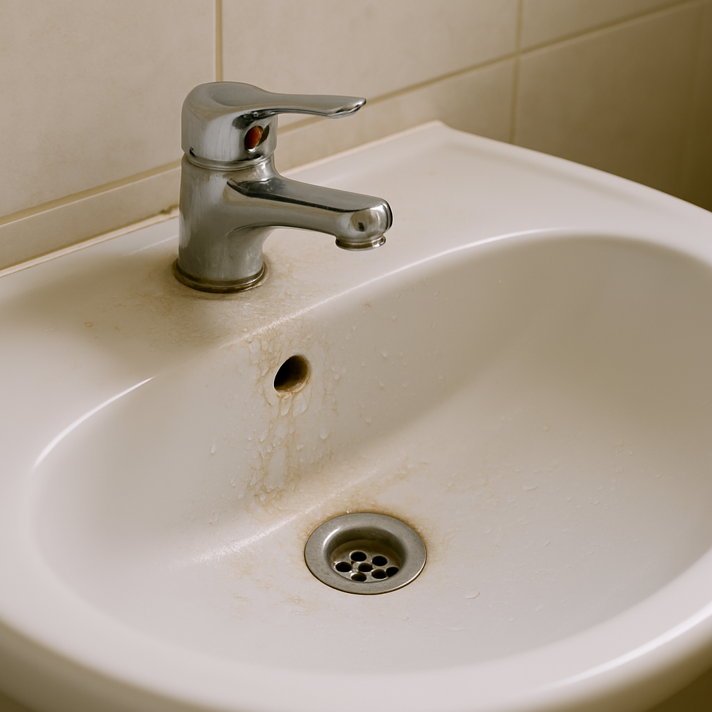 욕실 세면대와 금속 수전 주위에 물때와 석회자국이 누렇게 끼어 있는 근접 사진