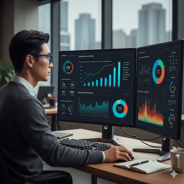 다양한 차트와 그래프가 있는 분석 대시보드 화면, 데이터 분석 전문가의 모습