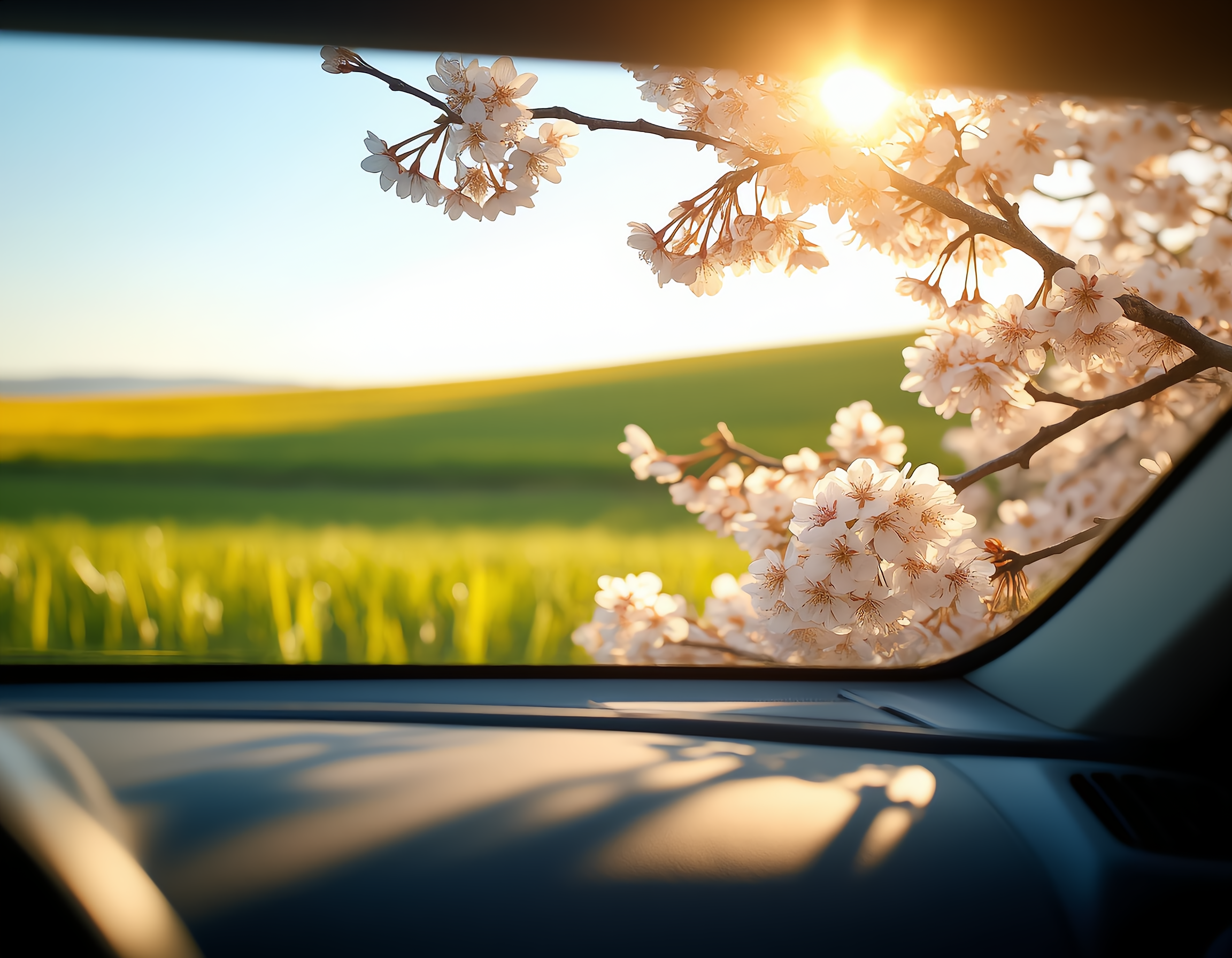 A serene view through a car window frames vibrant spring cherry blossoms in soft focus near the glass, with a sunlit meadow stretching endlessly under a crystal-clear azure sky. Golden sunlight bathes the scene, casting delicate petal shadows on the dashboard while maintaining a dreamy, tranquil atmosphere with shallow depth of field emphasizing the blossoms&rsquo; delicate textures.