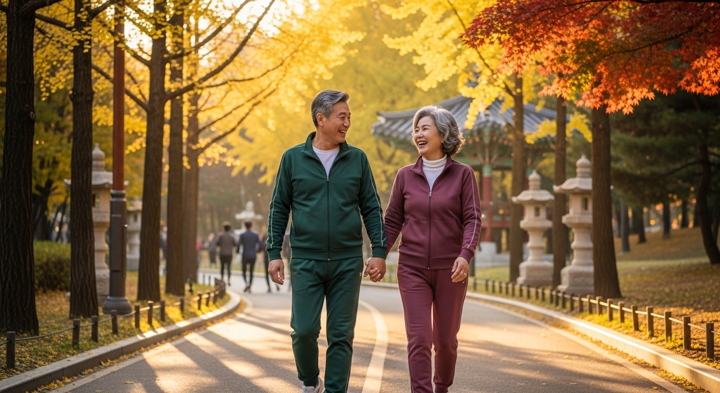 공원에서 가볍게 산책하며 웃는 60대 부부의 모습