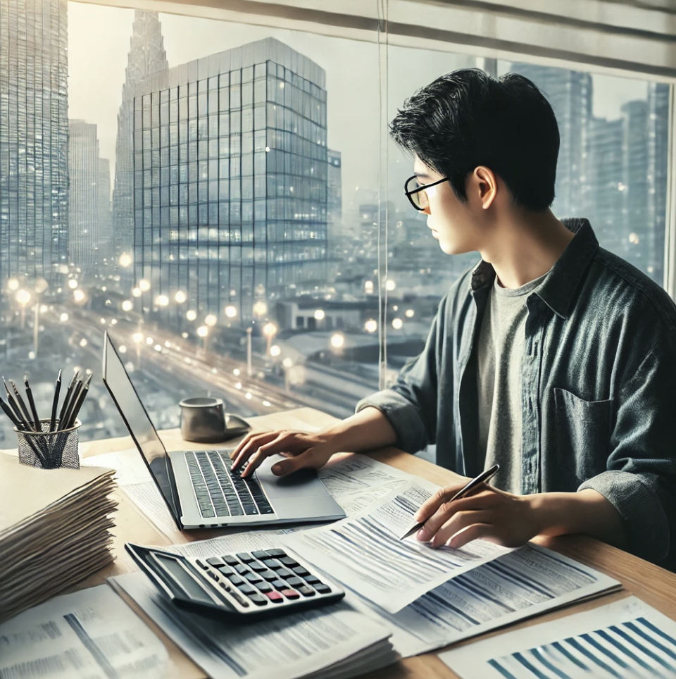 저작권 사용료 및 인세를 확인하는 작가의 모습