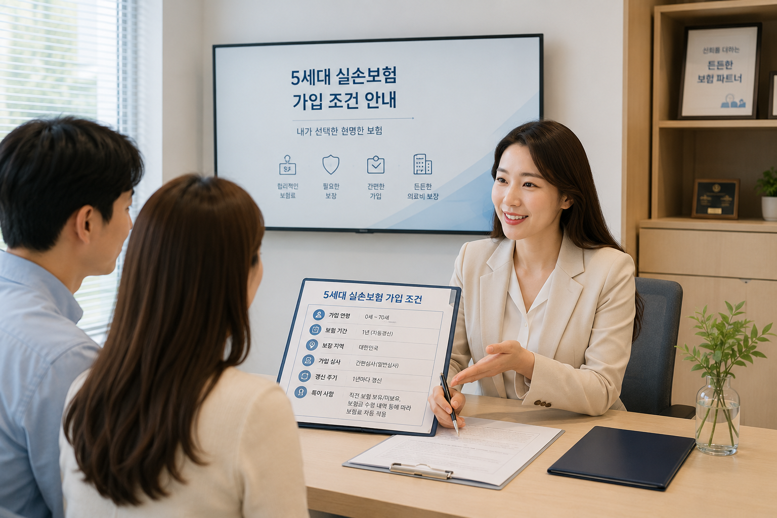 전문 보험 설계사가 5세대 실손보험 가입 조건을 설명하는 밝고 현대적인 상담실 풍경