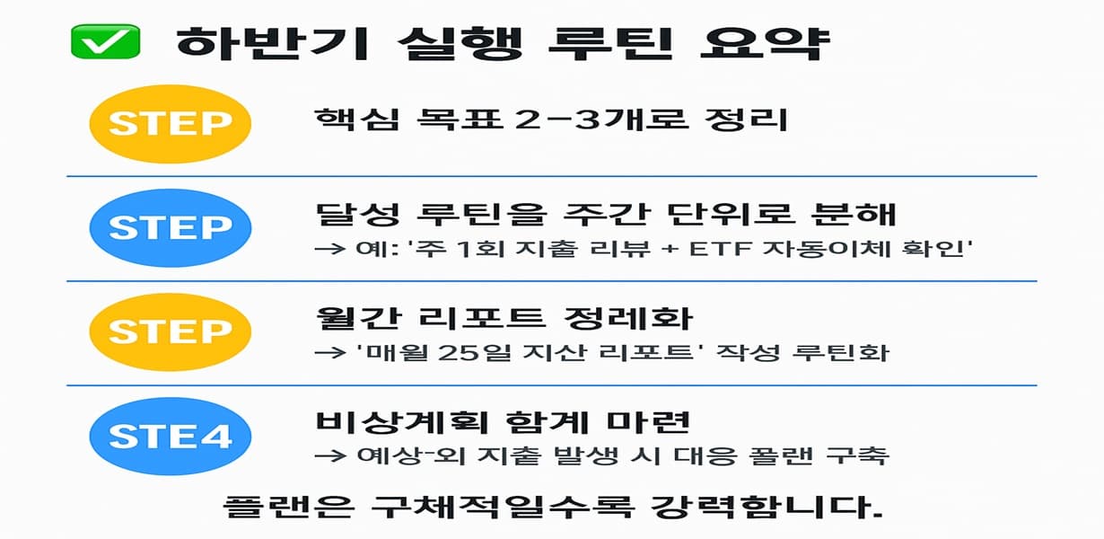 하반기 실행 루틴을 4단계로 요약한 인포그래픽으로, 각 단계에 번호와 아이콘이 포함되어 있고 실행 방법이 구체적인 예시와 함께 제시됨.