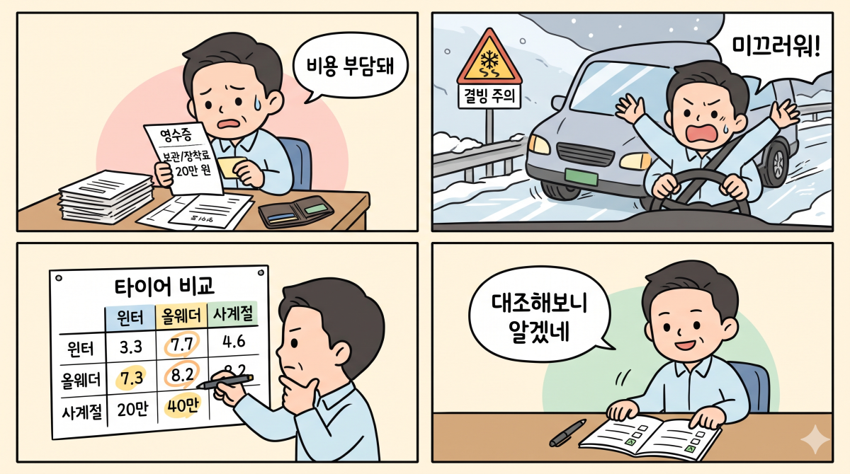 타이어 종류별 눈길 제동력 및 보관 비용 차이를 보여주는 4컷 코믹 대조