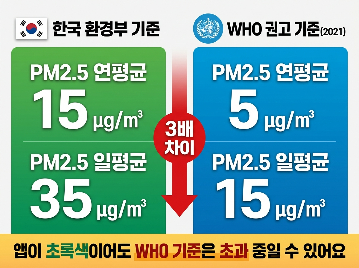 WHO 미세먼지 기준, 한국 미세먼지 기준 차이, PM2.5 WHO 권고치, 미세먼지 농도 기준 비교