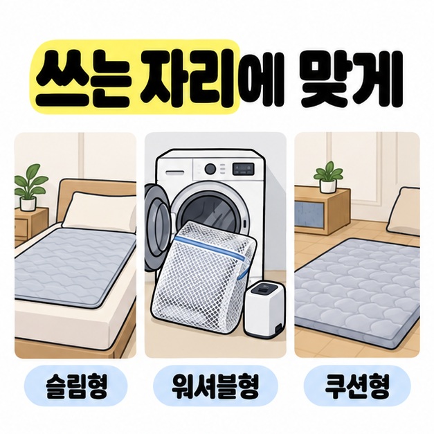 침대용 슬림형, 세탁망과 세탁기로 표현한 워셔블형, 바닥용 쿠션형을 비교한 모습