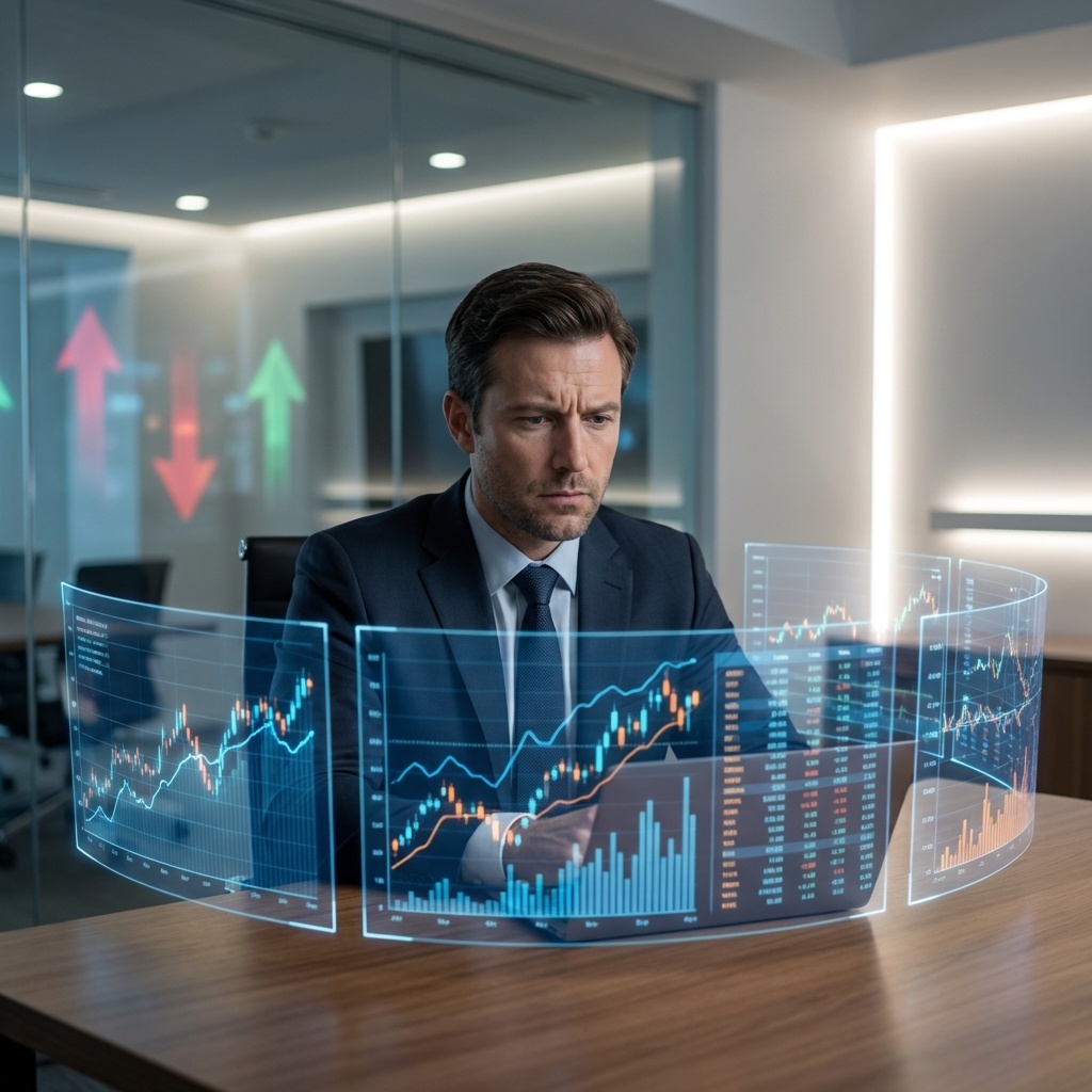 시장의 공포 속에서도 거시경제 지표와 우량 기업의 현금흐름을 냉정하게 분석하는 투자자의 모습