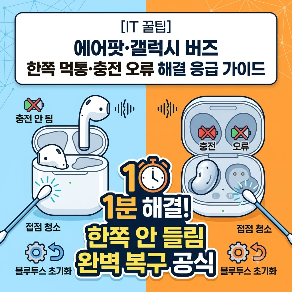 에어팟 갤럭시 버즈 한쪽 안 들림 및 충전 오류 1분 해결 블루투스 초기화 가이드 대표 썸네일