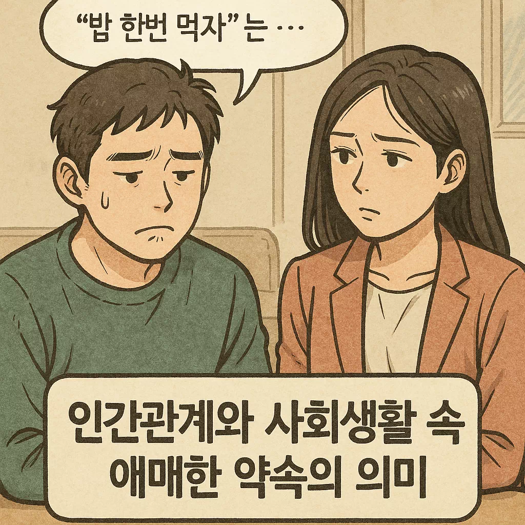 밥 한번 먹자는 애매한 약속에 서운해하는 두 사람, 관계 피로도와 사회생활의 단면을 보여주는 이미지