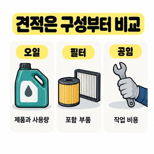 오일은 제품과 사용량, 필터는 포함 부품, 공임은 작업 비용으로 나누어 용기와 필터 및 스패너를 든 손으로 보여 주는 견적 비교 그림