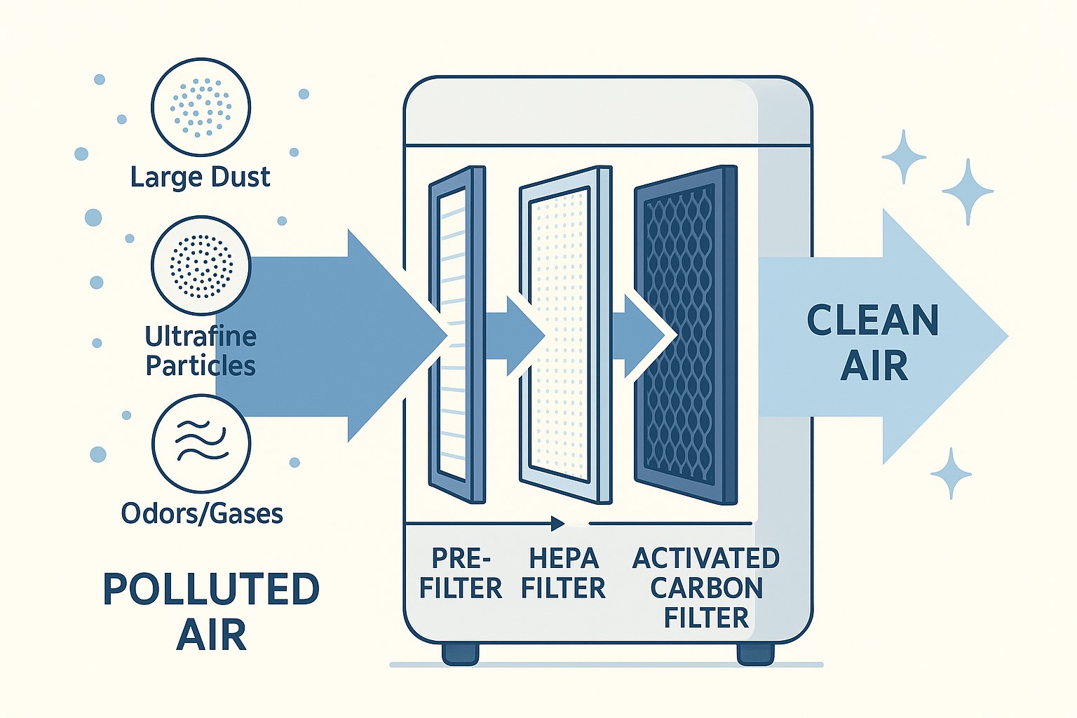 공기청정기, 필터, HEPA, 활성탄 필터, 프리필터, 깨끗한 공기, 인포그래픽, 벡터 일러스트, 미세먼지, 초미세먼지, 냄새 제거, 가스 흡착, 환경, 건강, 환기, 공기정화, 플랫 디자인, 교육용 인포그래픽