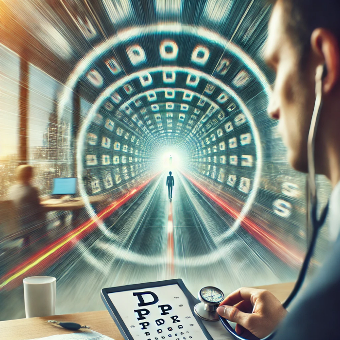 고혈압으로 시야가 흐려진 상황을 묘사한 이미지&amp;#44; 왜곡된 배경을 보여주는 시점.