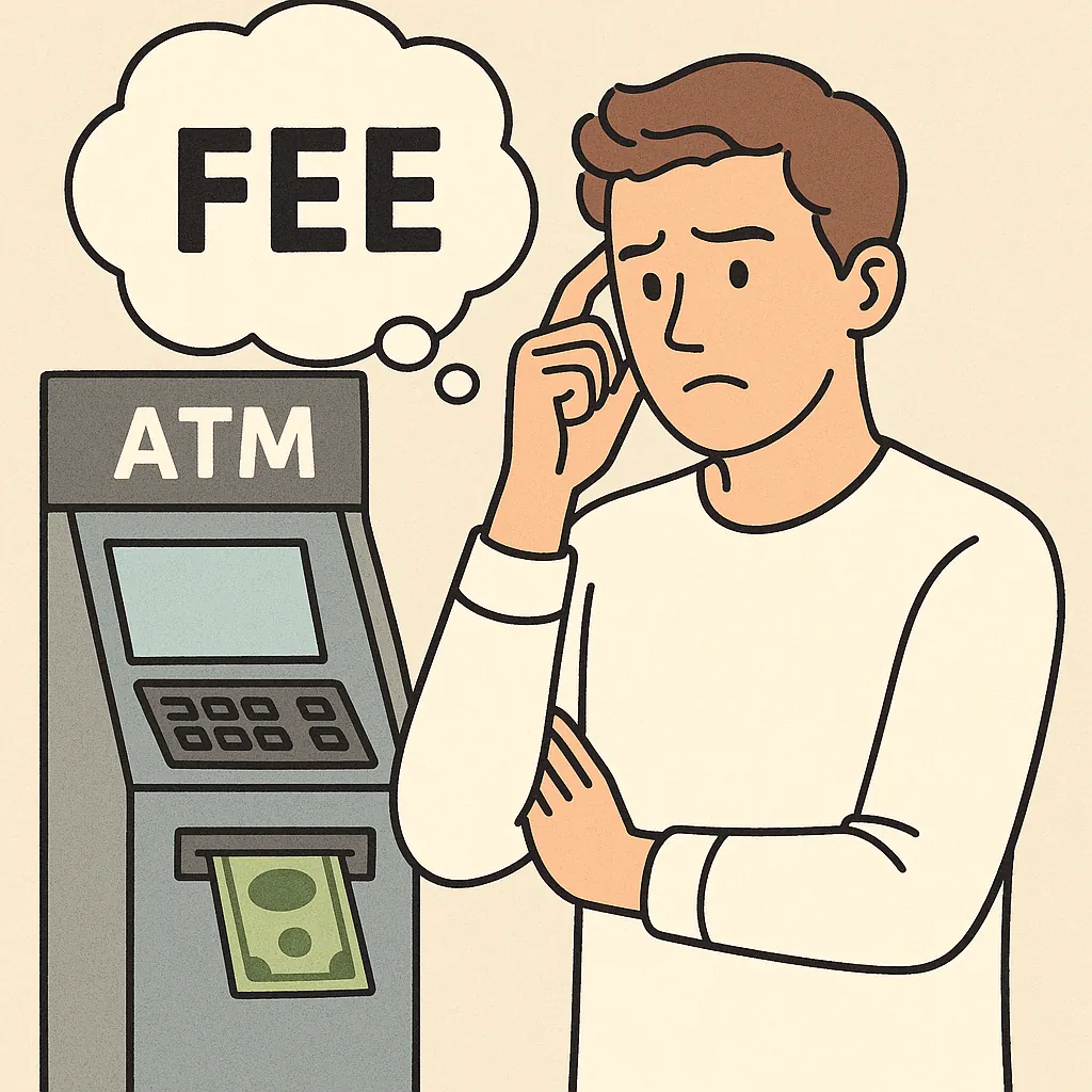 ATM 앞에서 수수료를 걱정하며 고민하는 남성의 삽화