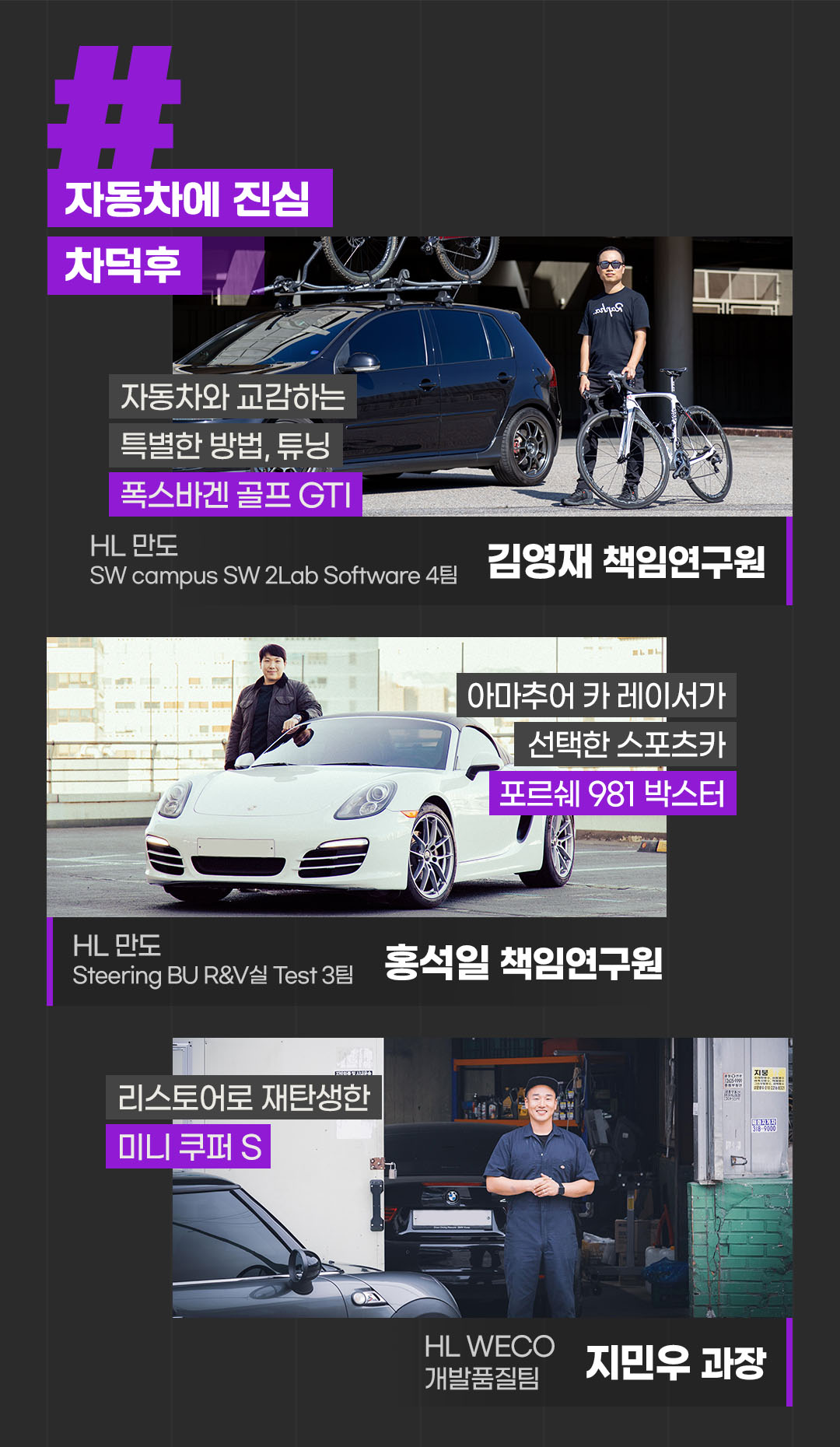 #자동차에 진심 #차덕후

자동차와 교감하는 특별한 방법&#44; 튜닝
폭스바겐 골프 GTI
HL 만도 SW campus SW 2Lab Software 4팀 
김영재 책임연구원

아마추어 카 레이서가 선택한 스포츠카
포르쉐 981 박스터
HL 만도 Steering BU R&V실 Test 3팀
홍석일 책임연구원

리스토어로 재탄생한 
미니 쿠퍼 S
HL WECO 개발품질팀 
지민우 과장