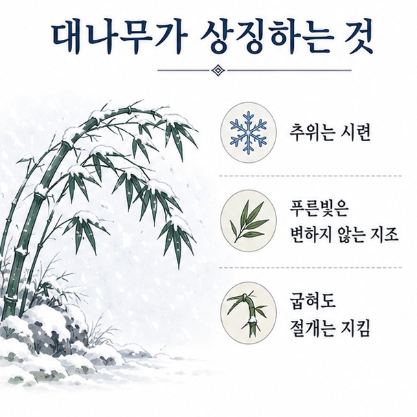 눈을 맞아 휘어 있으면서도 푸른빛을 유지하는 대나무를 통해 시련 속에서도 변하지 않는 지조를 설명한 이미지