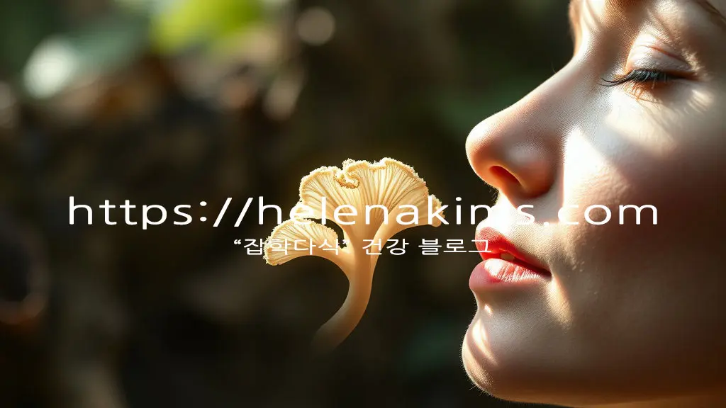 버섯과 여성이 얼굴이 클로즈 업 되어 있는 모습.