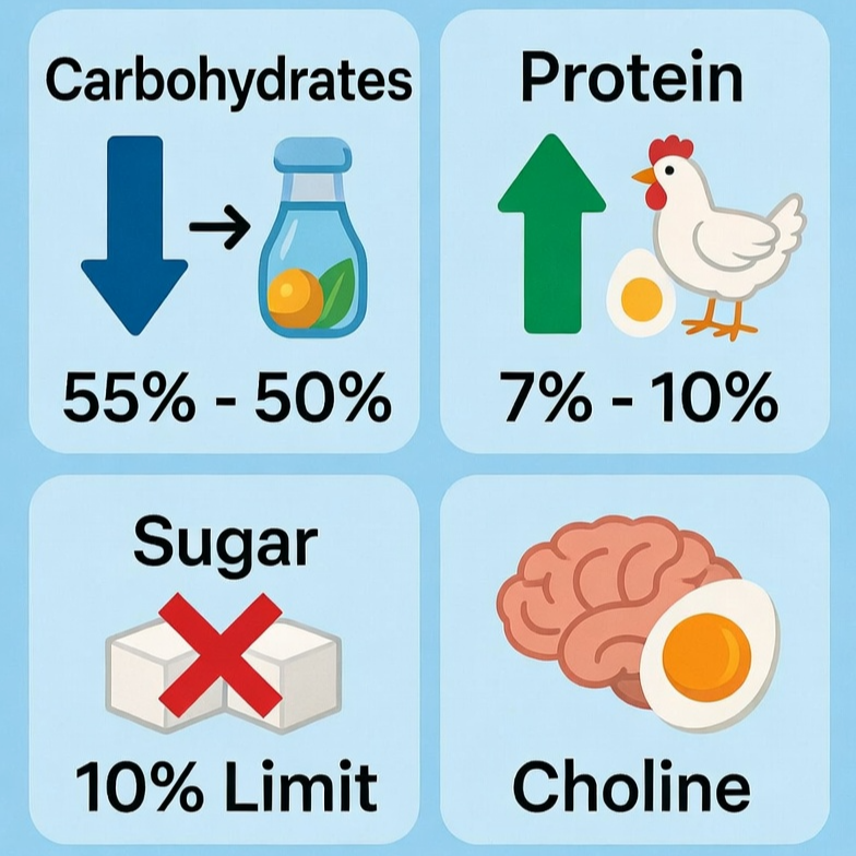 2025년 보건복지부 영양소 섭취 기준 개정안의 탄수화물 하향, 단백질 상향, 설탕 제한 및 콜린 신설 내용을 담은 요약 인포그래픽