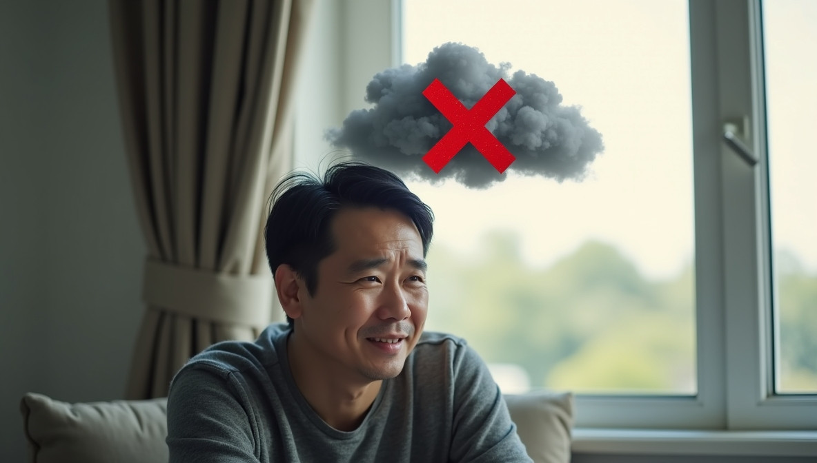 중년 남성이 은은한 조명의 창가에 앉아, 약간 불안하지만 점차 안정을 되찾으며 희미한 미소를 짓는 모습