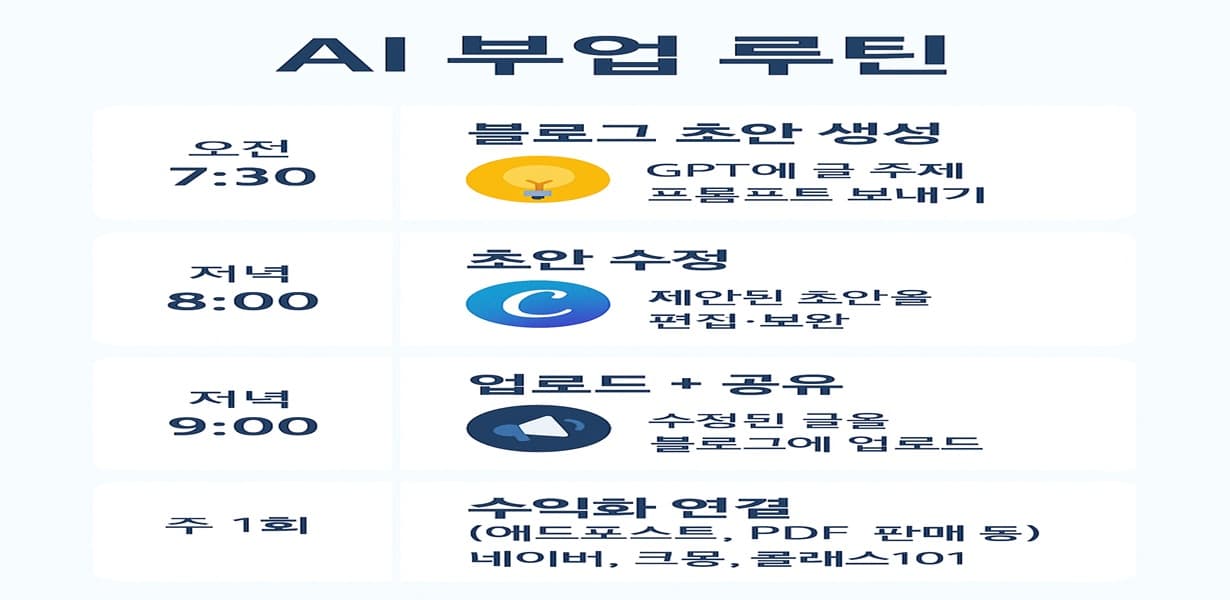 AI 부업 루틴 – 블로그 초안 생성부터 수정, 업로드, 수익화 연결까지의 일일 스케줄과 주간 흐름 인포그래픽