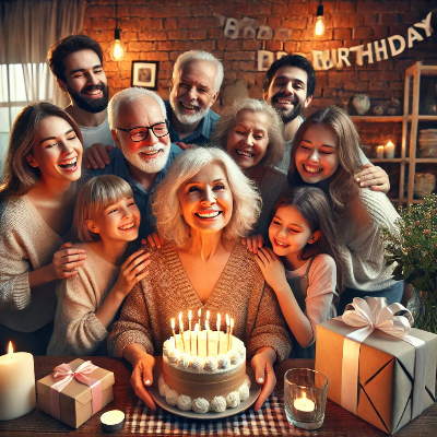 엄마의 생일을 축하는 가족의 모습. 엄마가 중앙에서 케이크를 들고 있다.
