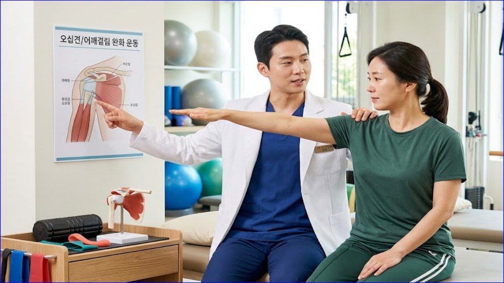 선생님과 어깨결림 완화 설명듯는 못습