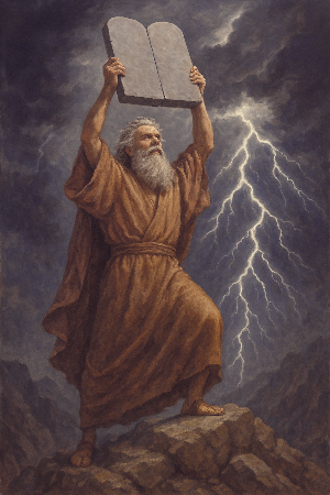 모세가 시내산에서 돌판을 들고 있는 모습