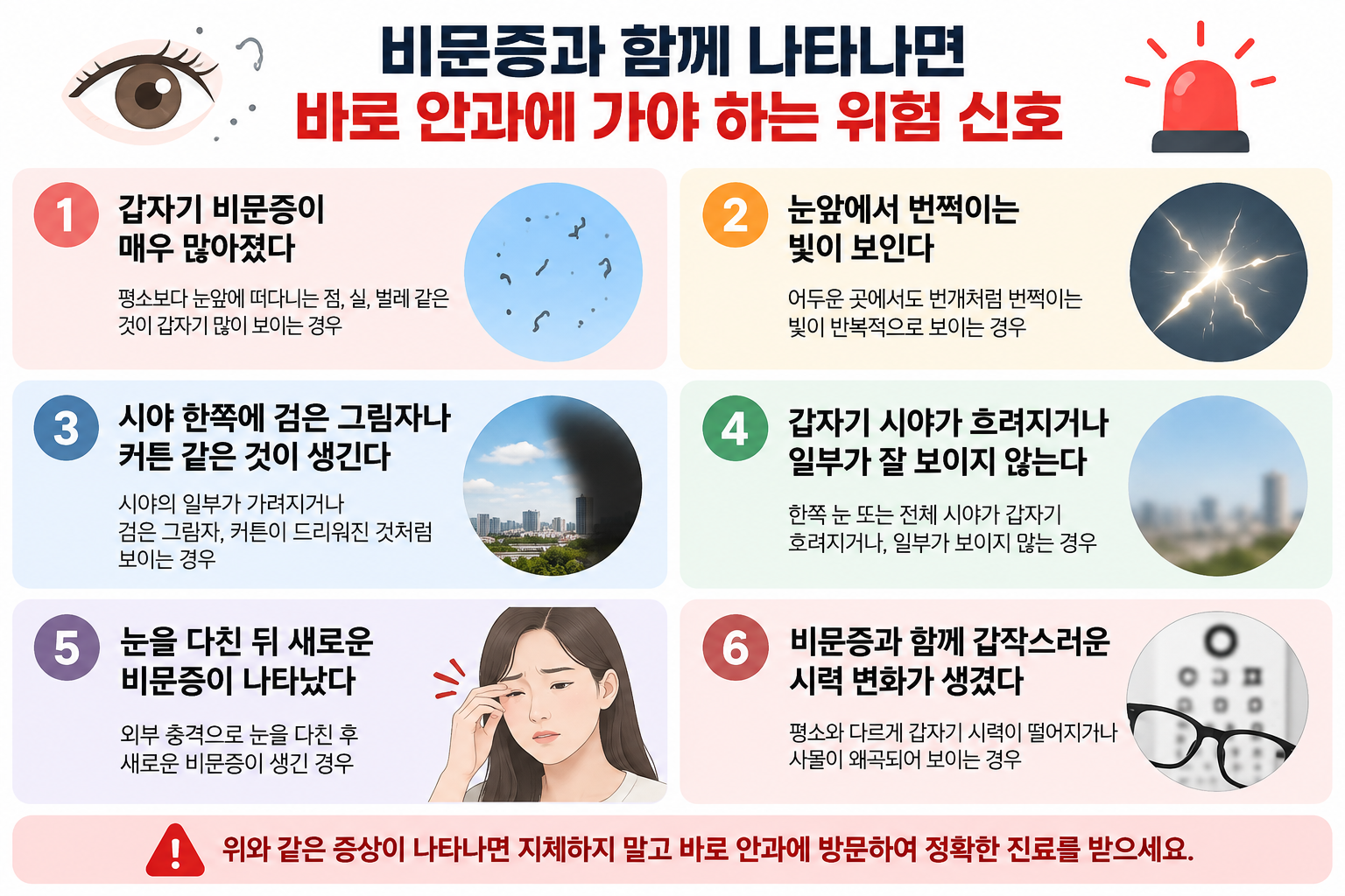 비문증과 함께 나타나면 안과 진료가 필요한 위험 신호 체크리스트 인포그래픽