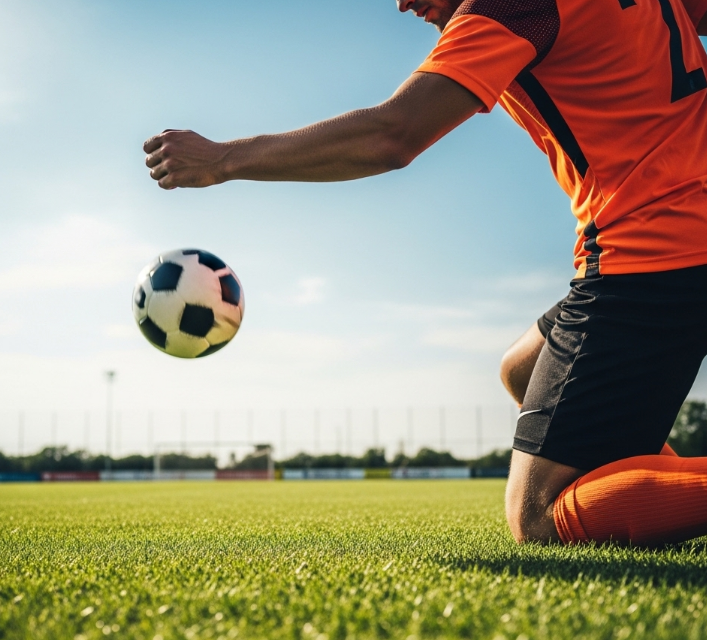 선수의 손에 공이 다가오는 장면