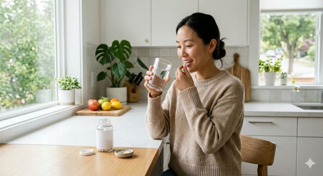 식이섬유 영양제를 물과 함께 복용하는 장면