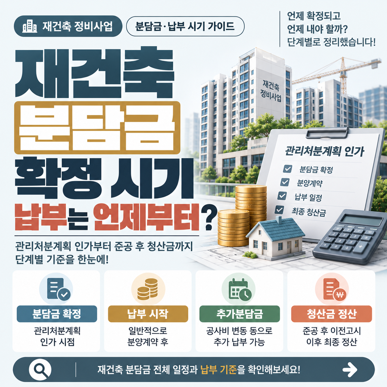 재건축 단지 전경과 분담금 납부 일정을 보여주는 이미지