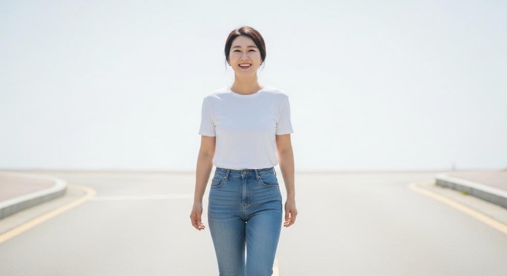 햇살 가득한 길에서 미소 짓는 여성