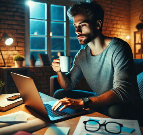 밤 노트북으로 일하는 남성