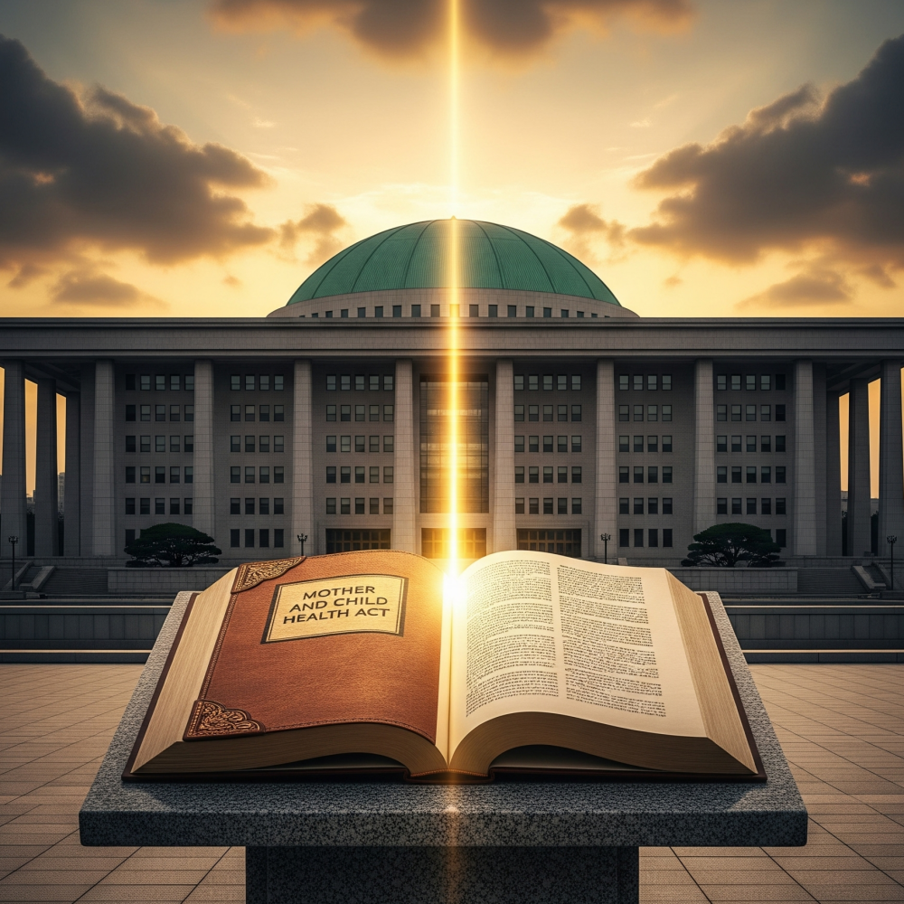 국회의사당 전경과 모자보건법 법전을 나란히 배치한 이미지
