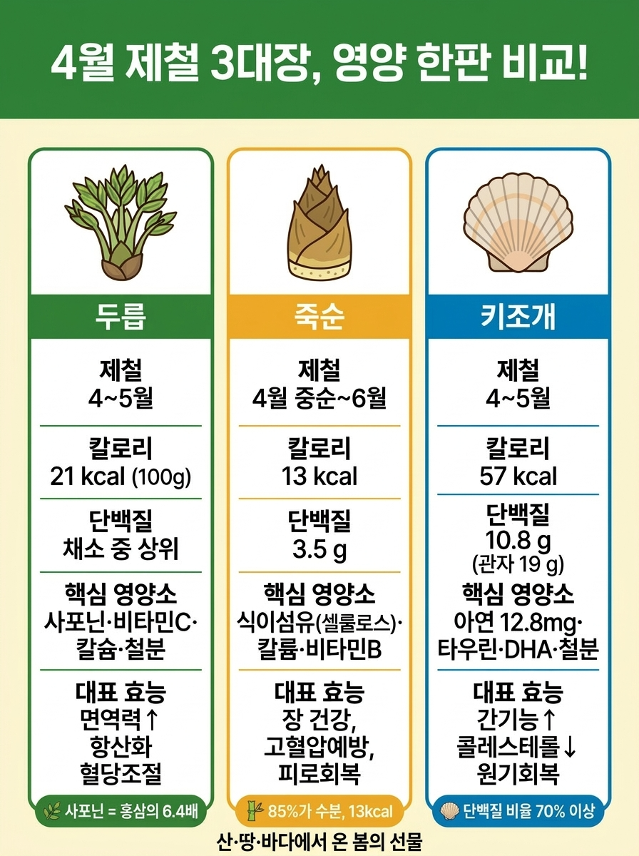 4월 제철 음식 두릅 죽순 키조개 영양성분 비교 인포그래픽 &mdash; 두릅 21kcal 사포닌 풍부, 죽순 13kcal 식이섬유 칼륨 풍부, 키조개 57kcal 단백질 아연 타우린 풍부, 제철 시기 핵심 효능 한눈에 비교