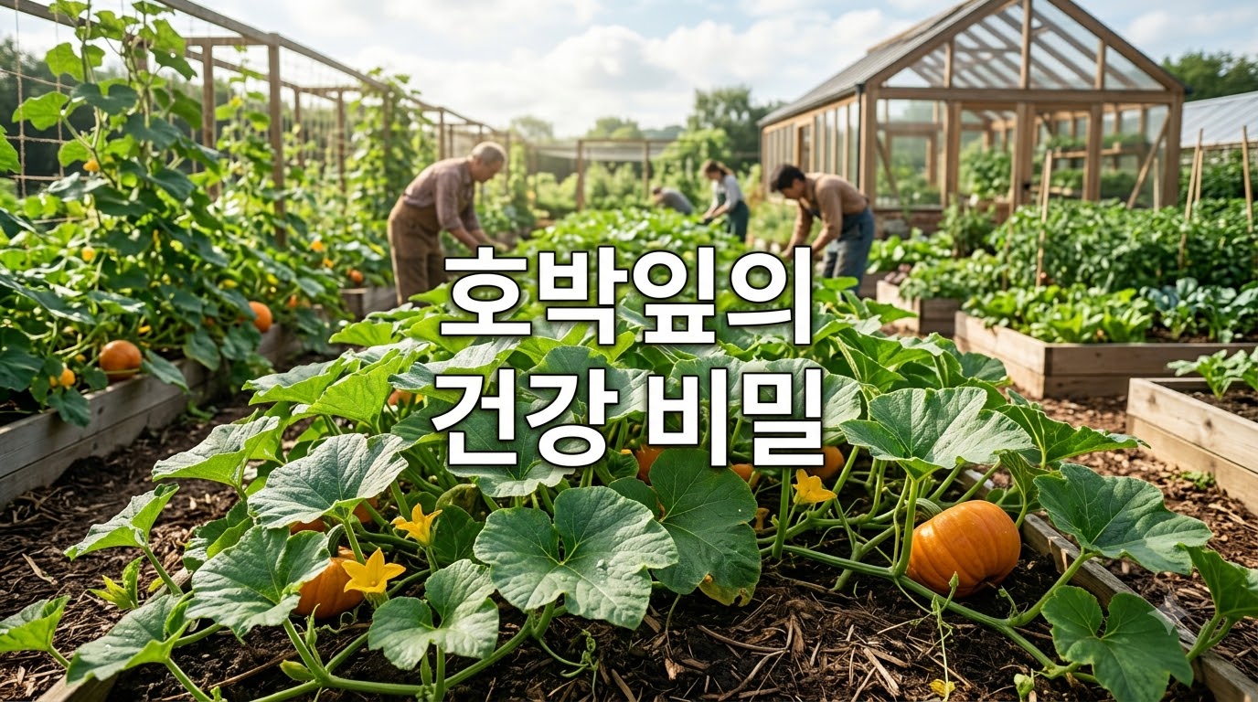싱그러운 밭에서 수확한 싱싱한 호박과 푸르게 펼쳐진 호박잎을 함께 들어 올린 농부의 모습