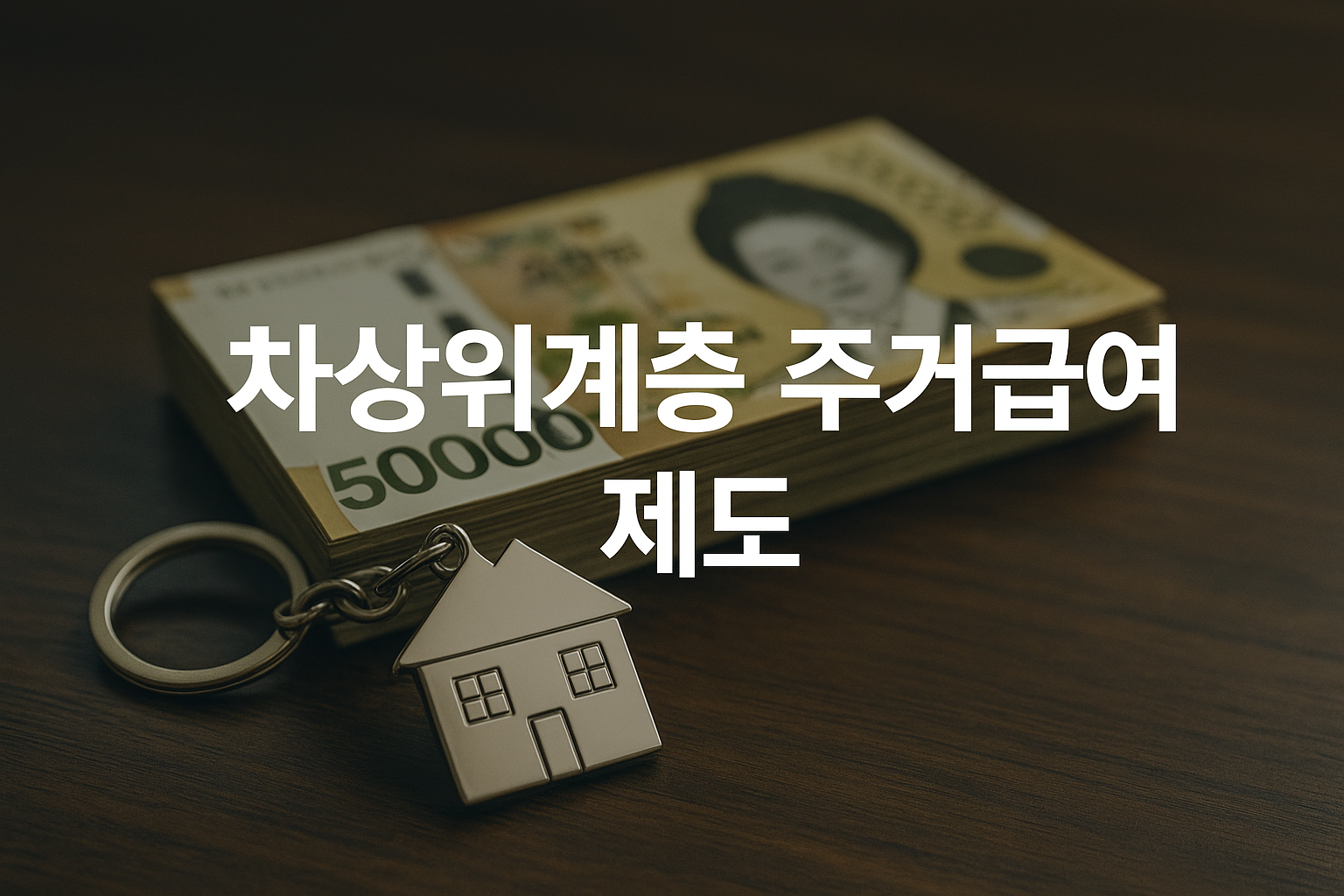 집 모양 열쇠고리와 5만 원 지폐가 테이블 위에 놓여 있고 '차상위계층 주거급여 제도' 문구가 중앙에 표시된 모습