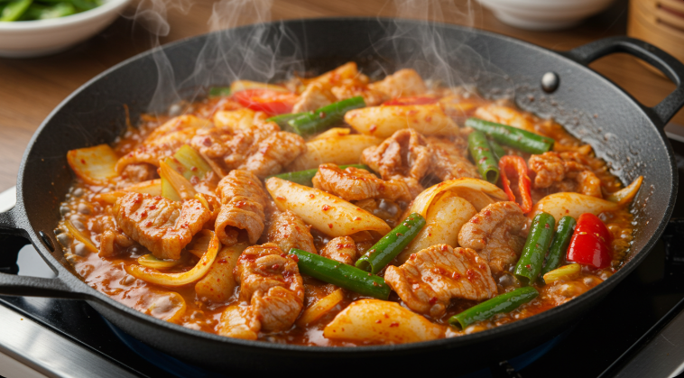 프라이팬에서 볶고 있는 제육볶음 모습