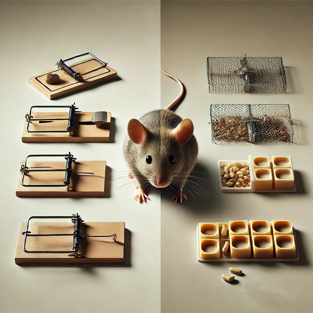 쥐덫과 살충제 중간에 있는 쥐 사진