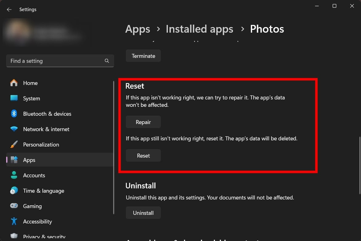윈도우 사진 앱 재설정