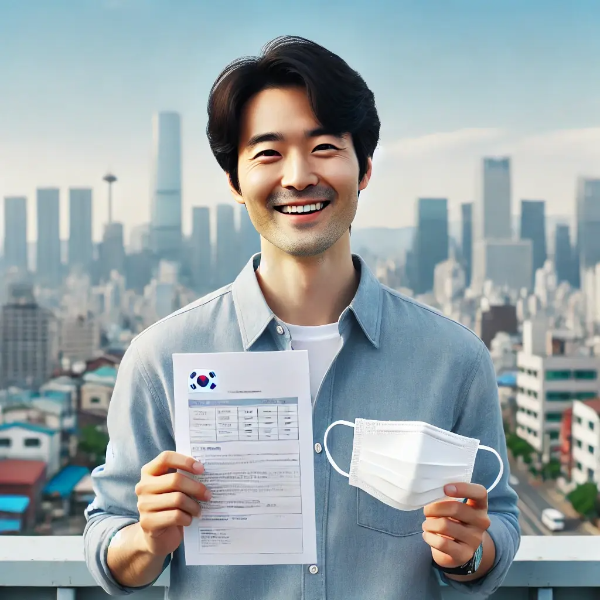 도시 풍경이 보이는 옥상에서 미세먼지 마스크와 공문서를 들고 미소 짓는 동양인 중년 남성의 초고해상도 사진