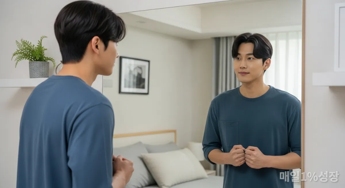 거울을 보며 긍정 확언을 하는 젊은 한국 남성