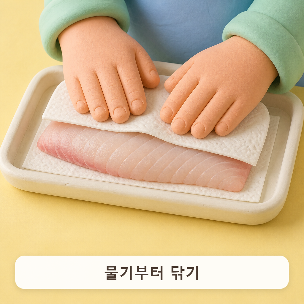 키친타월로 생선 겉면의 물기를 톡톡 눌러 닦는 손