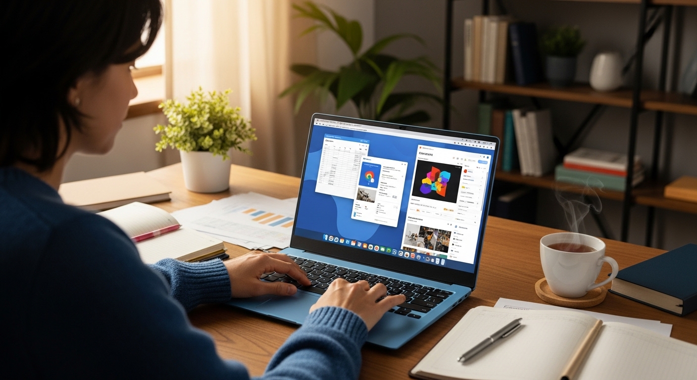 재택근무자가 중간 예산대 가성비 노트북으로 문서 작업과 디자인 작업을 동시에 하는 모습.